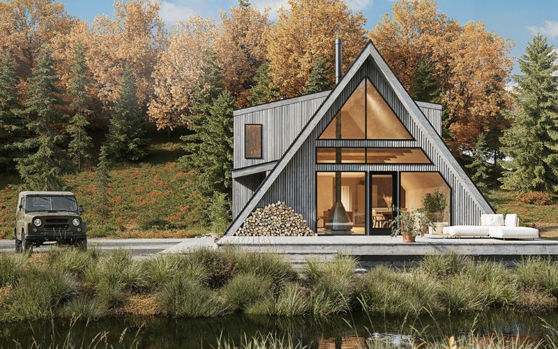 Mẫu nhà lắp ghép kiểu a-frame với mái hình tam giác cân đối